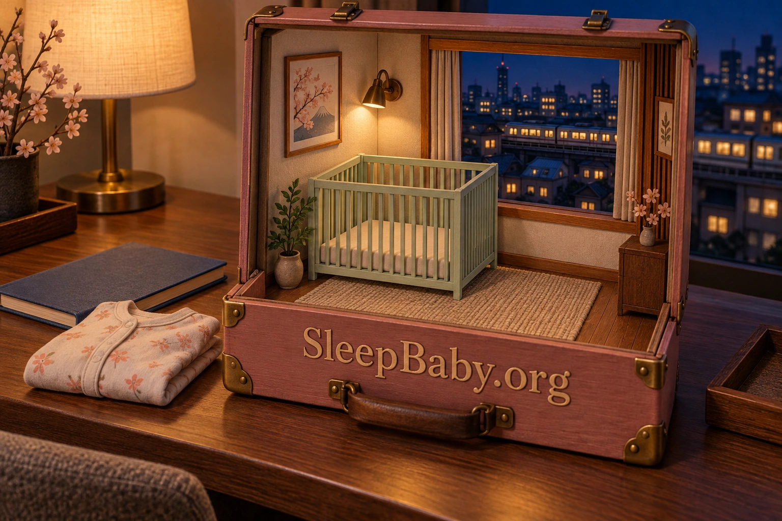 A small case marked SleepBaby.org opens into an artistic miniature Japan hotel room with an empty crib and reading lamp; folded sleepwear rests outside the case.