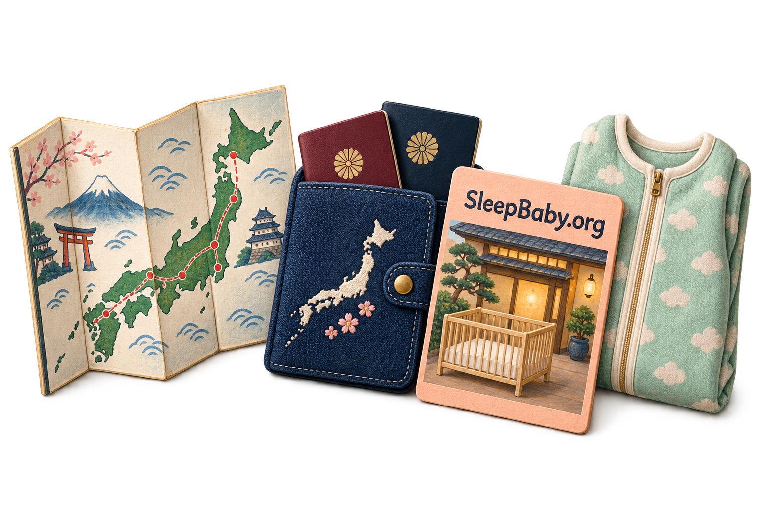 Japan itinerary, passports in an embroidered document wallet, folded infant sleep sack and hotel booking card with SleepBaby.org printed on it.