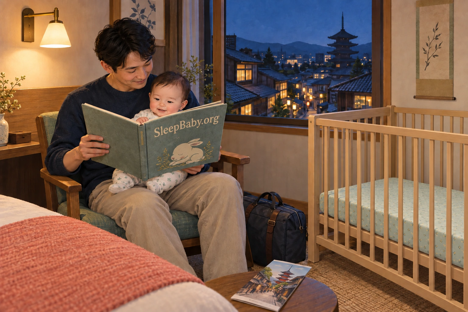 A parent reads to an awake baby beside an empty bare crib with its mattress lowered in a softly lit Japan hotel room; the book has SleepBaby.org on its cover.