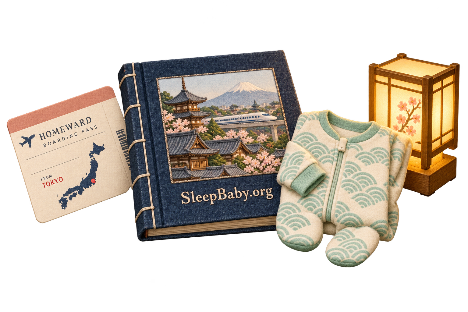 Homeward boarding pass from Tokyo, closed Japan travel album marked SleepBaby.org, folded infant pajamas and a small warm bedside lamp.