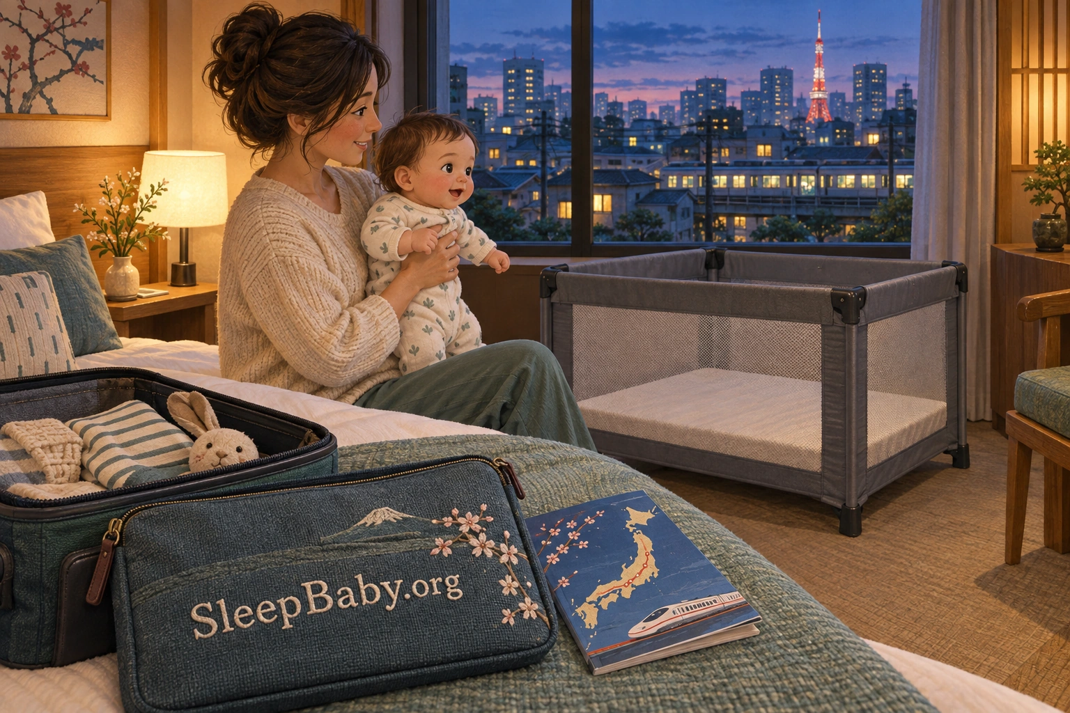 Illustrated parent holding an awake baby in a Tokyo hotel beside an empty travel crib, with a Japan route booklet and SleepBaby.org document pouch in the foreground.