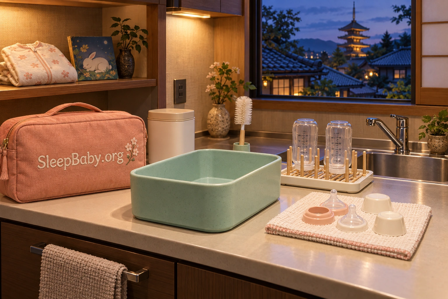 Illustrated Japan hotel kitchenette with a separate wash basin, bottle drying area, closed formula container and SleepBaby.org feeding pouch; infant sleepwear and a bedtime book sit on a separate shelf.