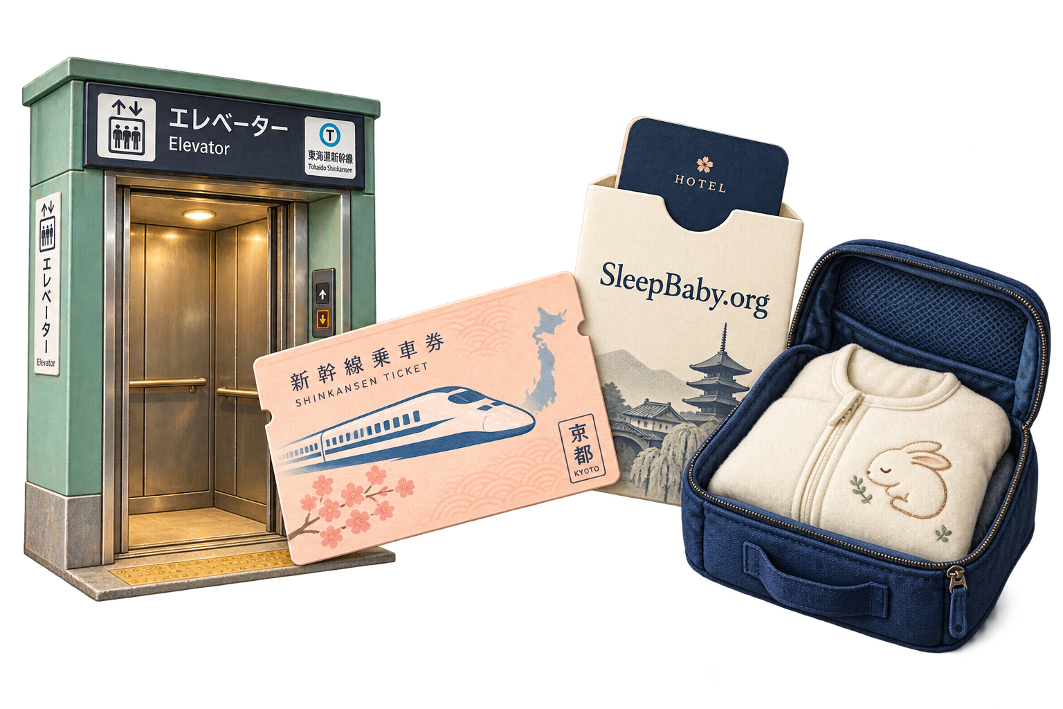 Miniature Japanese station elevator, Shinkansen ticket, hotel key sleeve marked SleepBaby.org and an open packing cube holding infant sleepwear.