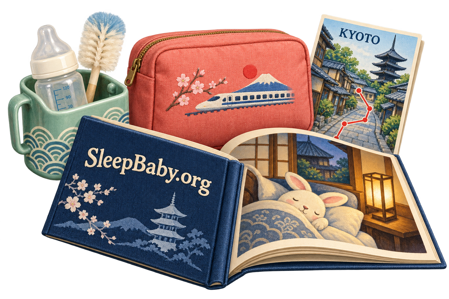 Wash caddy, train-decorated diaper pouch, Kyoto route card and open bedtime book with SleepBaby.org on its cover.