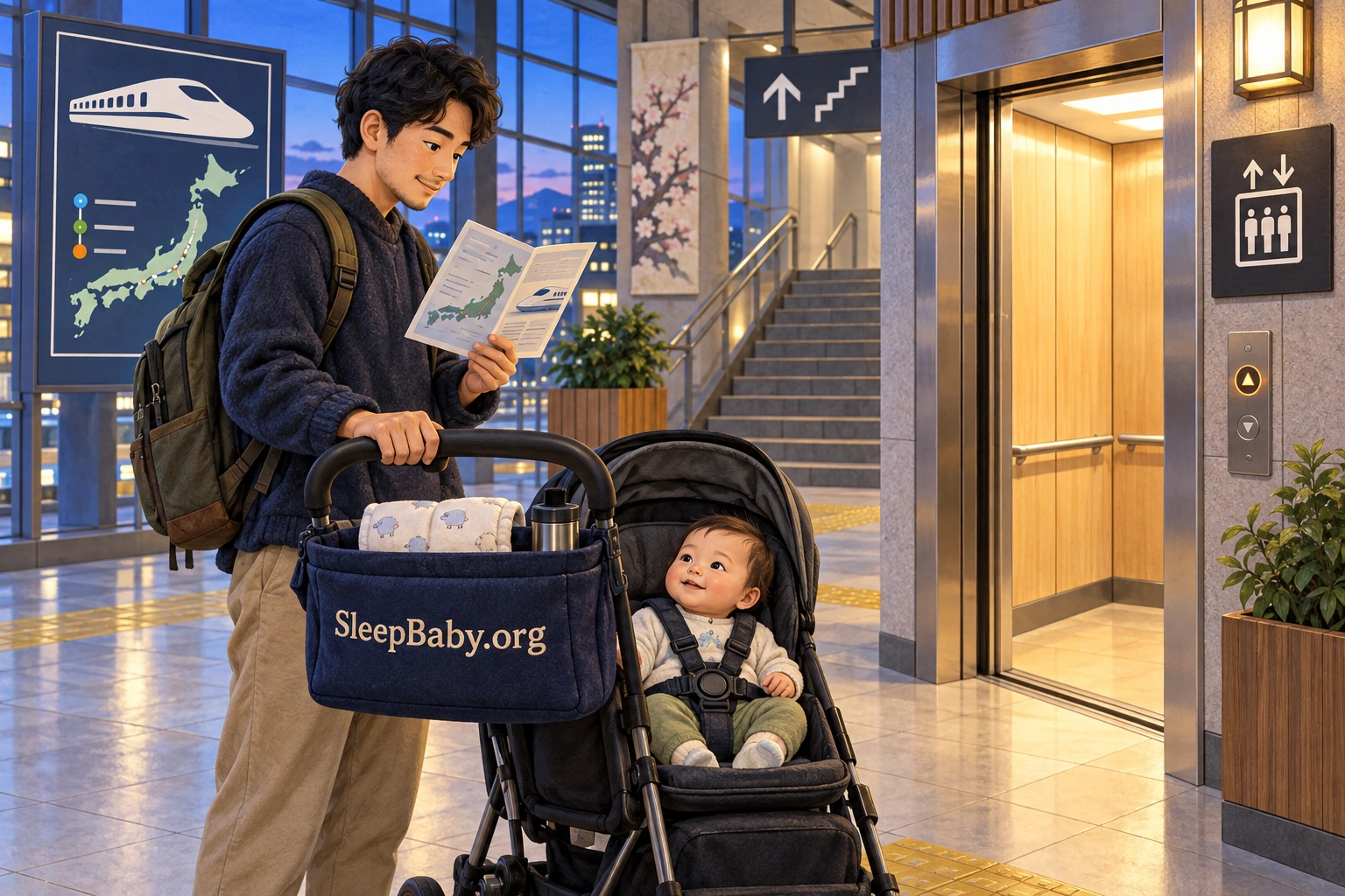 Illustrated parent with an awake harnessed baby in a stroller checks a station elevator route; a SleepBaby.org organizer holds folded sleepwear.