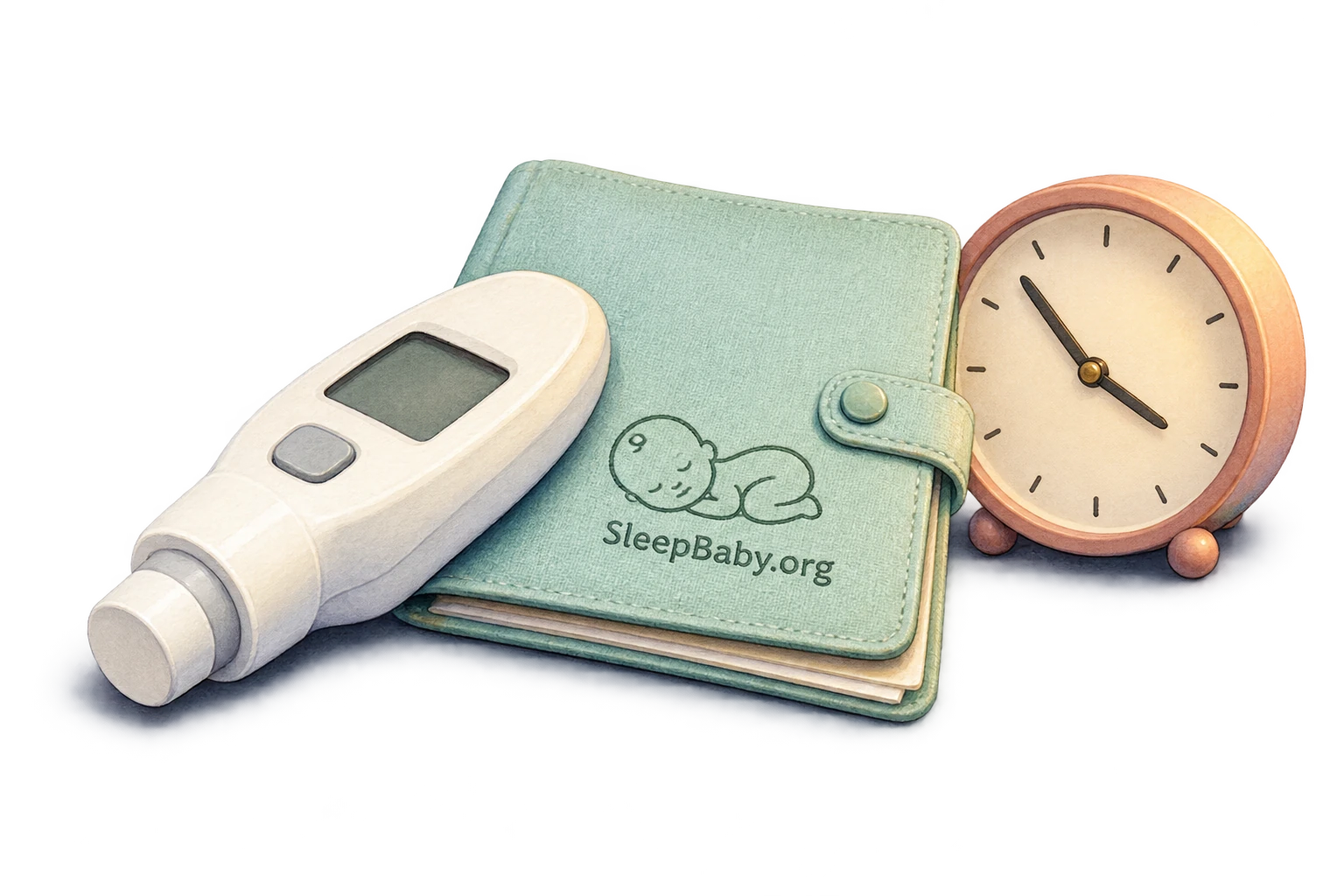 Transparent illustration of a bilirubin meter, newborn assessment folder and clinic clock.