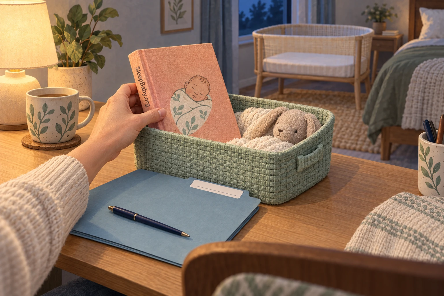 Illustration of a hand placing a sleep guide into a reading basket beside a separate newborn follow-up folder.