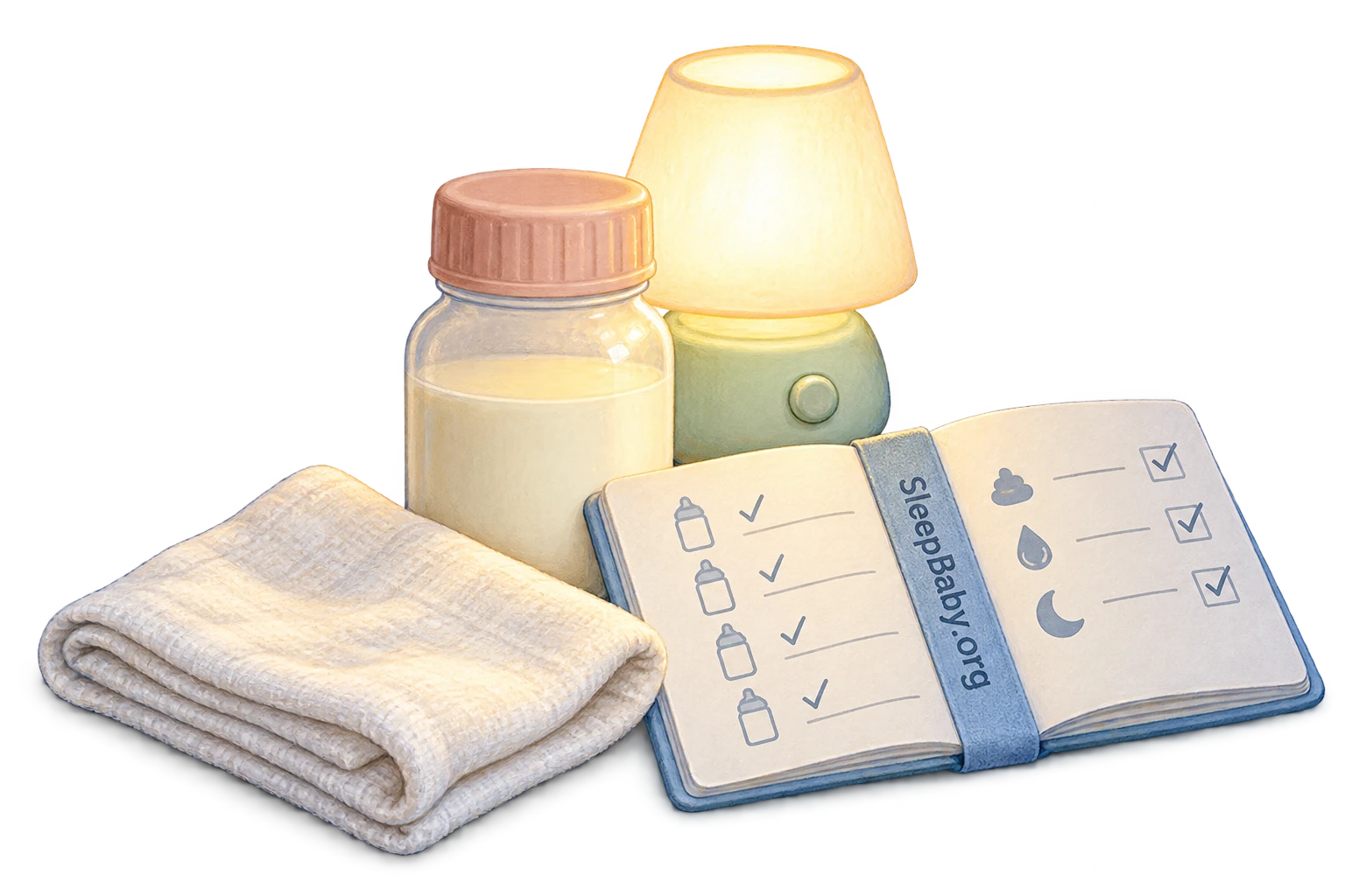 Transparent illustration of a capped milk bottle, cleanup cloth, feeding log and small night-feeding lamp.