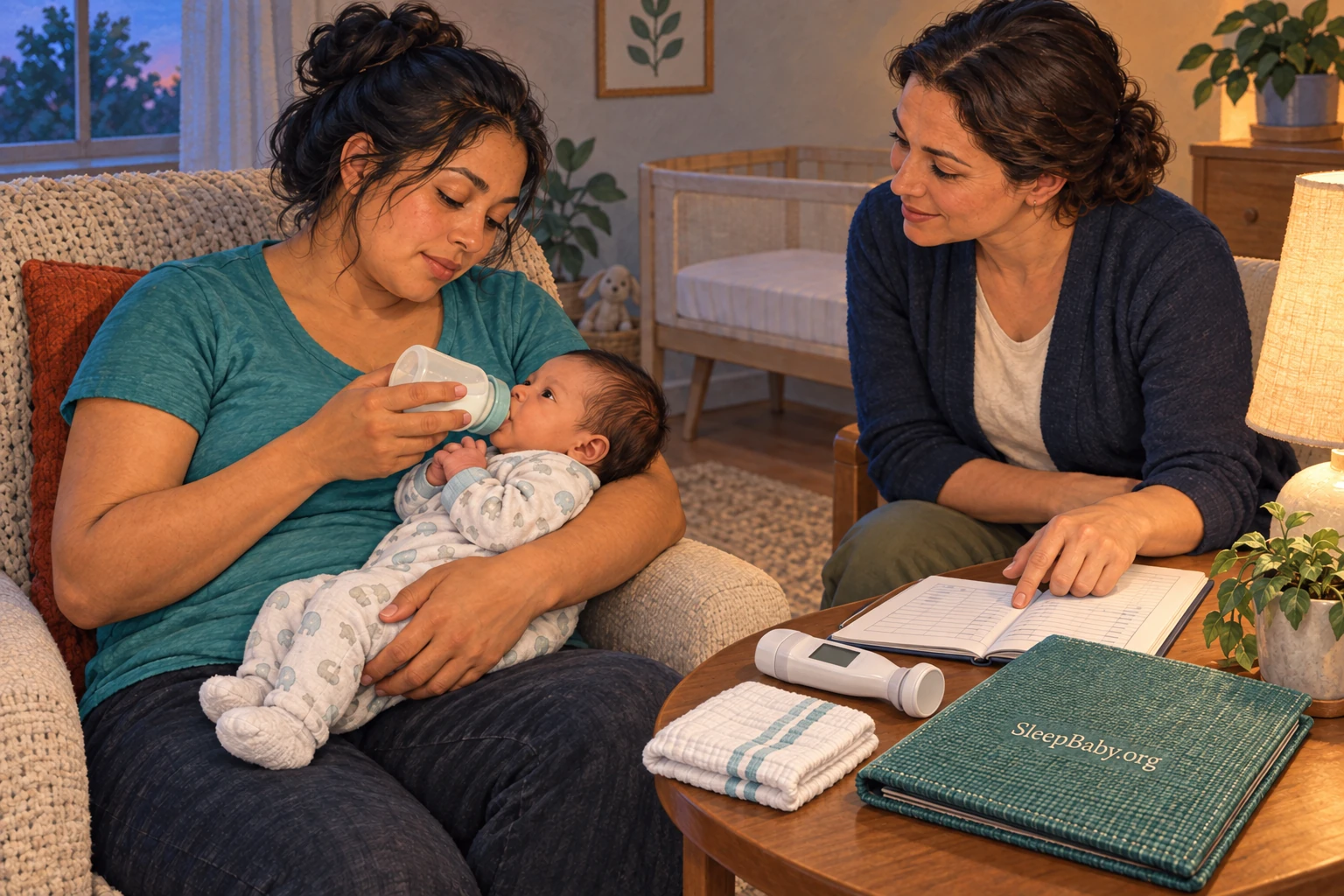 Illustration of a supported newborn bottle feed while a visiting clinician reviews a feeding record beside a bilirubin meter.