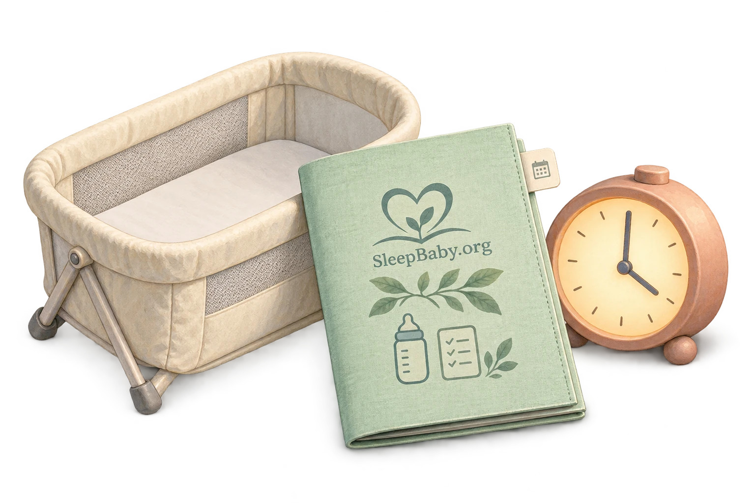 Transparent illustration of a bare bassinet, written newborn follow-up plan and bedside clock.
