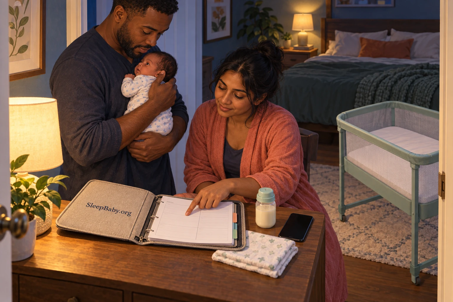 Illustration of two caregivers reviewing a written newborn care plan beside a separate empty bassinet.