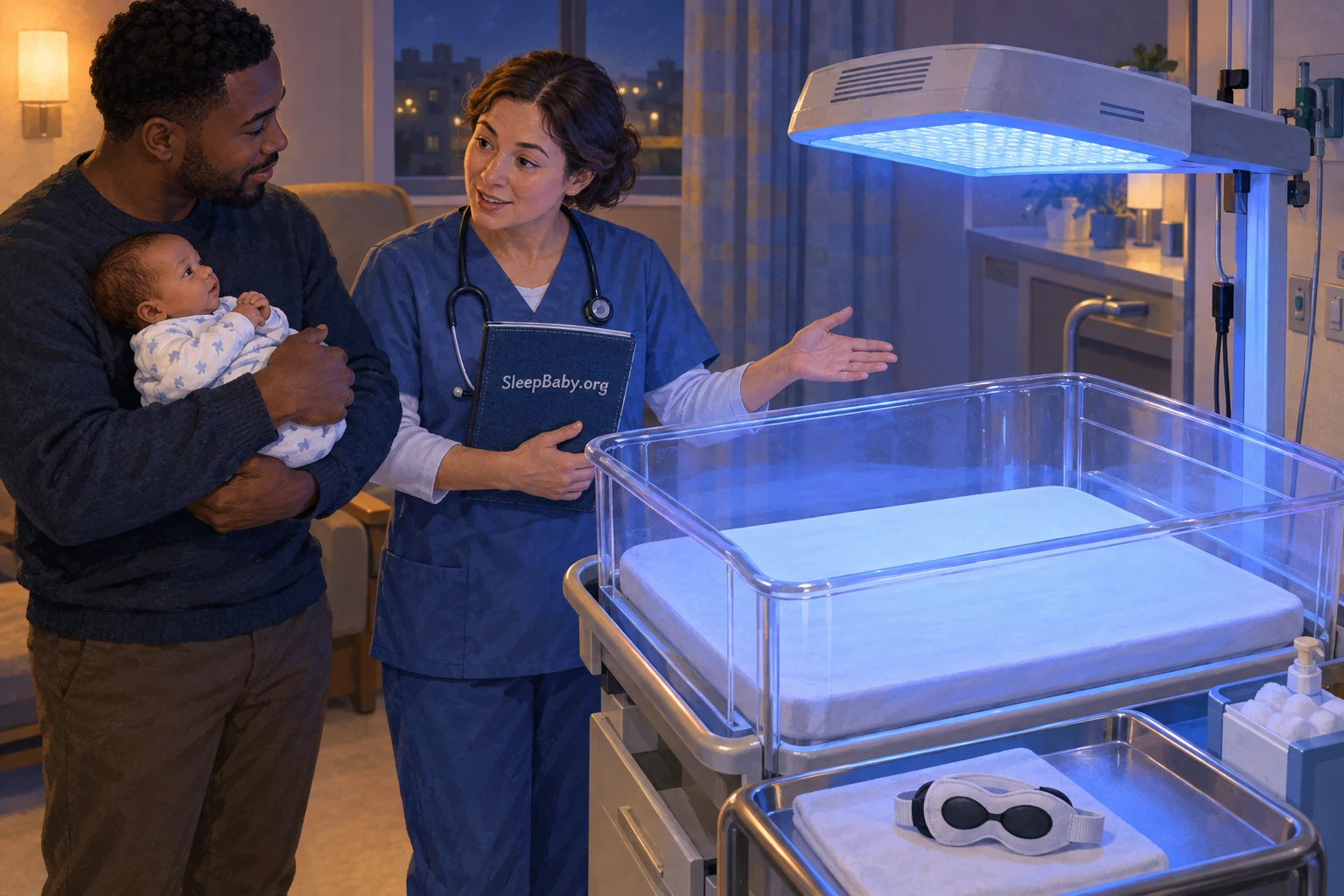 Illustration of a clinician explaining a phototherapy lamp and empty hospital bassinet to a parent holding a fully clothed newborn.