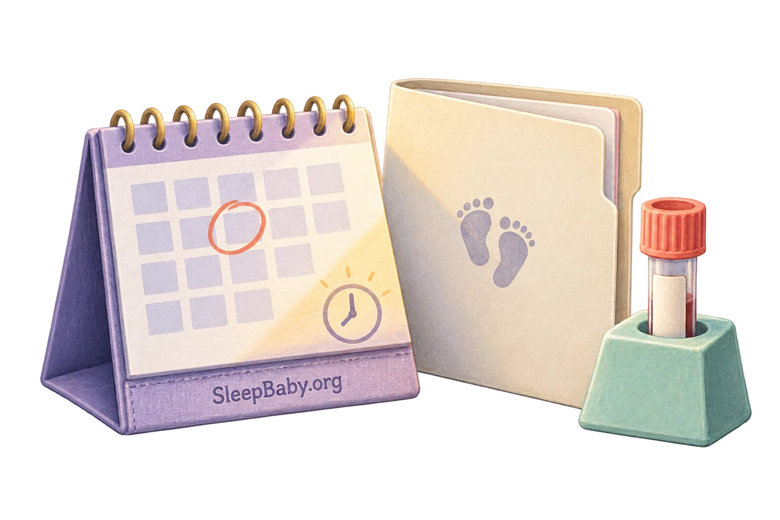 Transparent illustration of an appointment calendar, newborn laboratory folder and capped specimen tube in a stand.