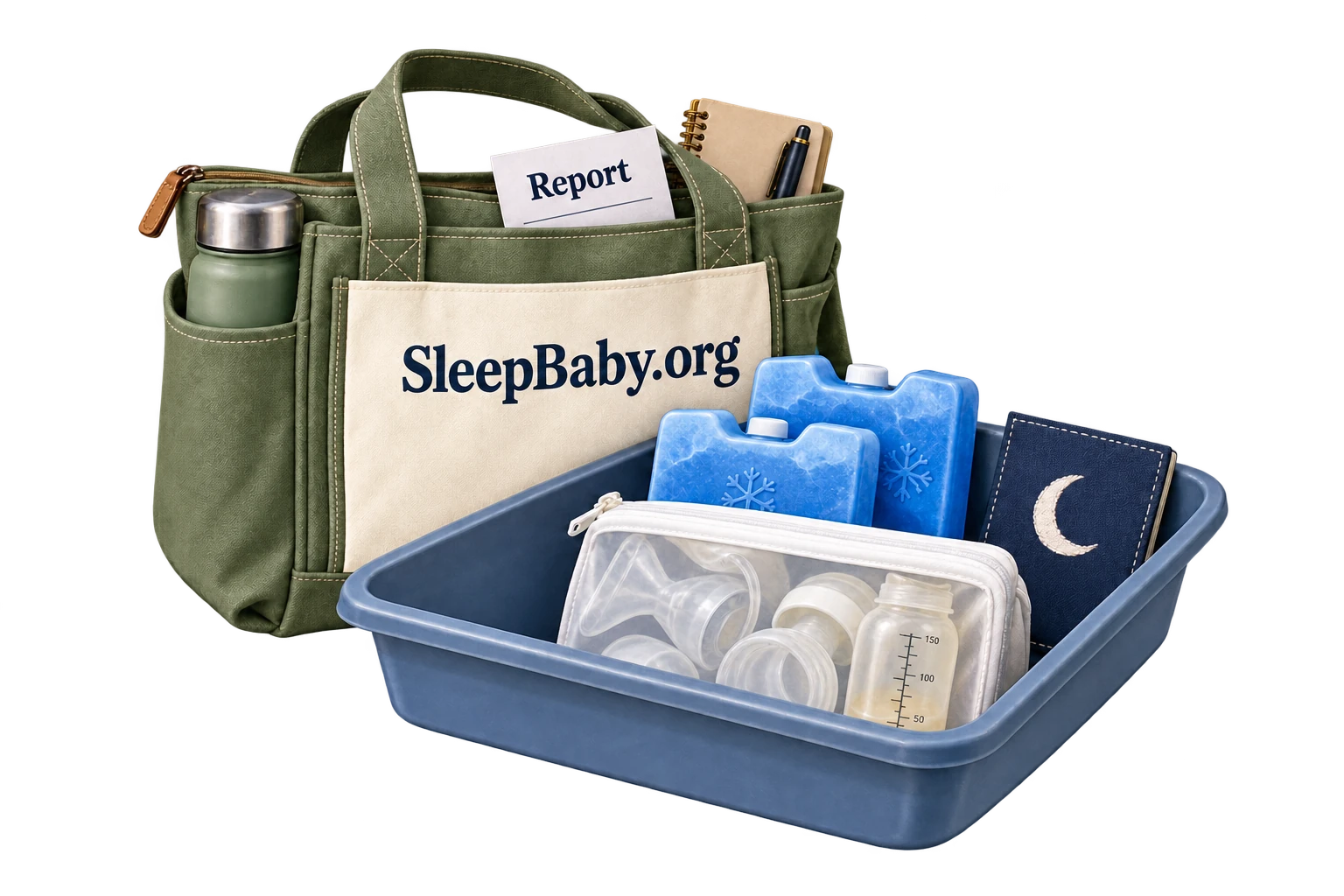 A courthouse screening tray with a pumping tote, frozen cold pack and a small closed bedtime cue booklet.