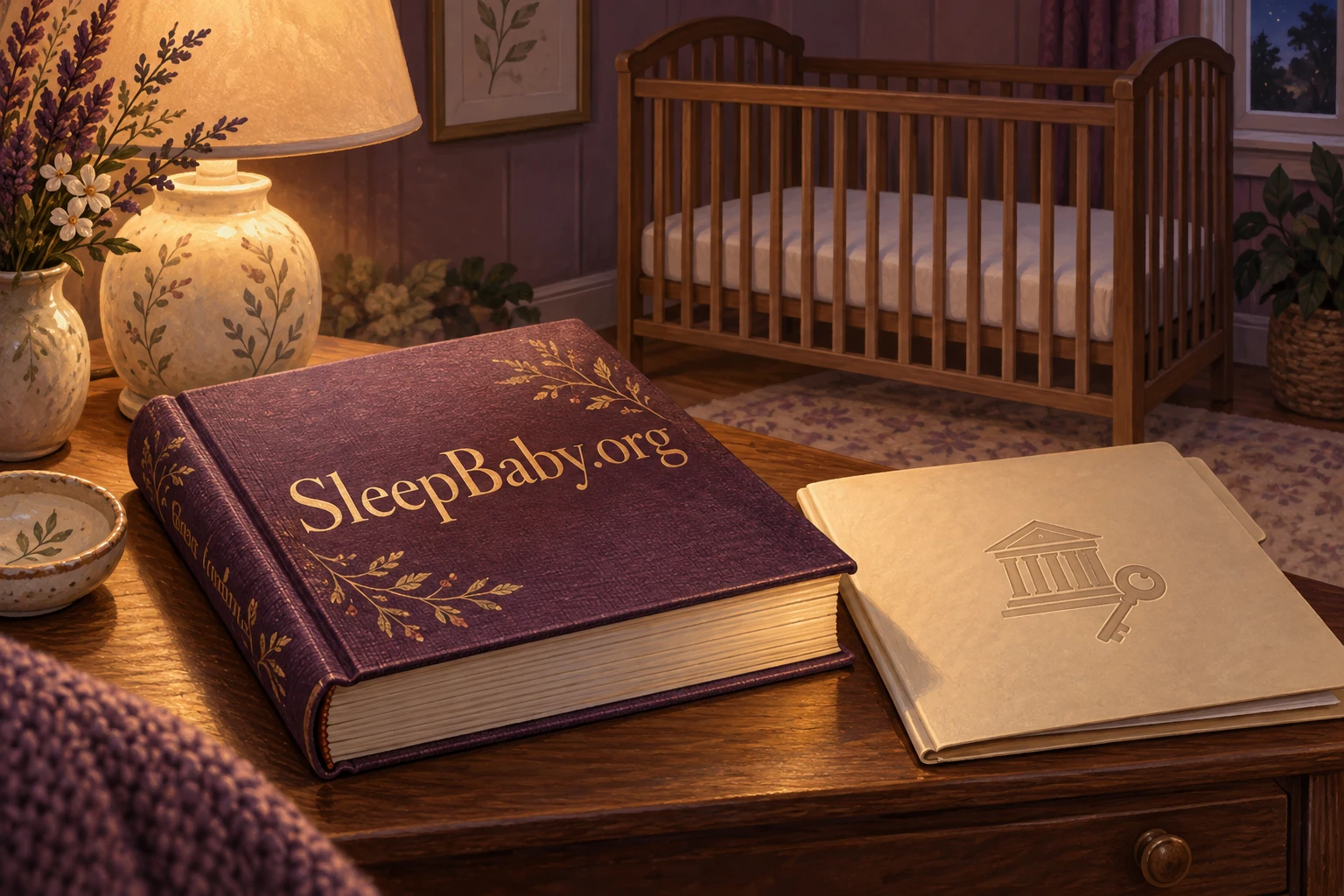 A quiet bedside reading scene with a SleepBaby.org guide beside a lamp and an empty prepared crib.