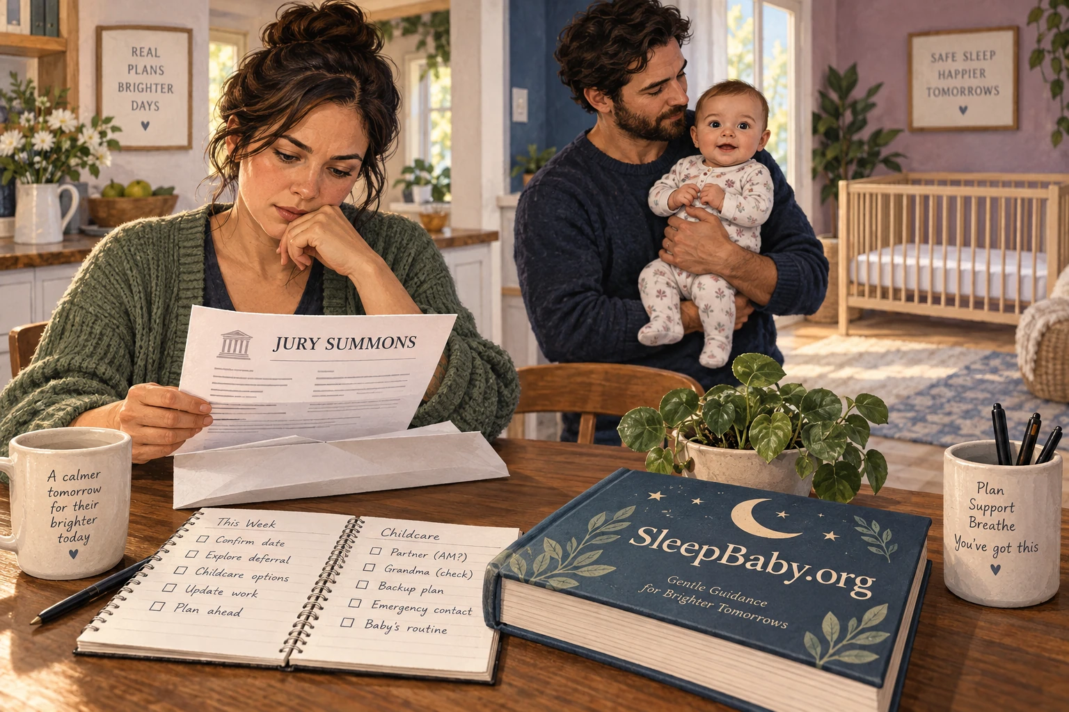 A parent studies a jury summons at home while another adult safely holds an awake baby near an empty crib.