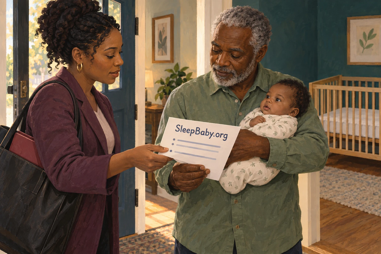 Two adults reviewing a baby's feed and nap note beside a prepared empty crib while one holds the awake baby securely.