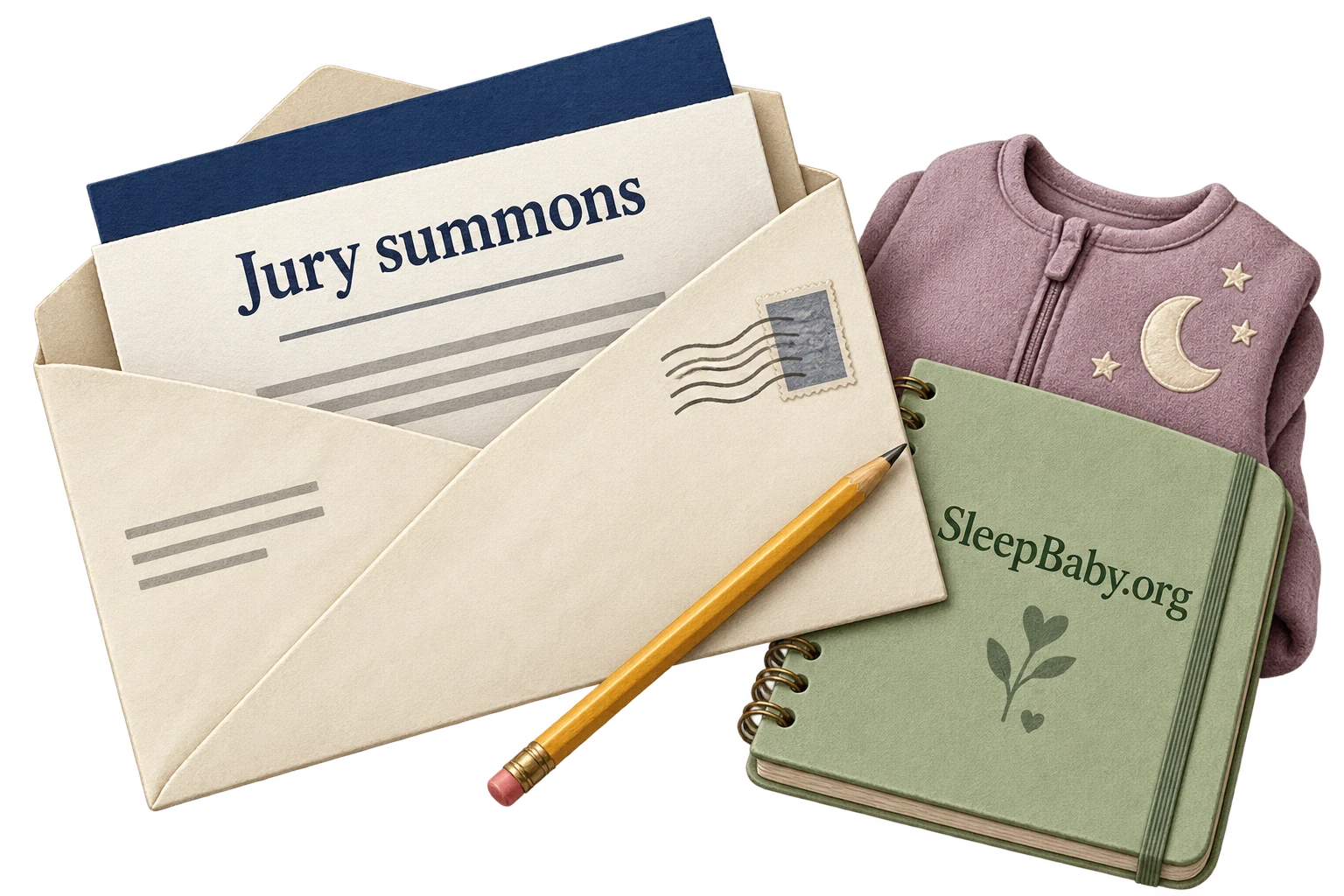 An open jury envelope beside a small bedtime planning notebook and folded sleep sack.
