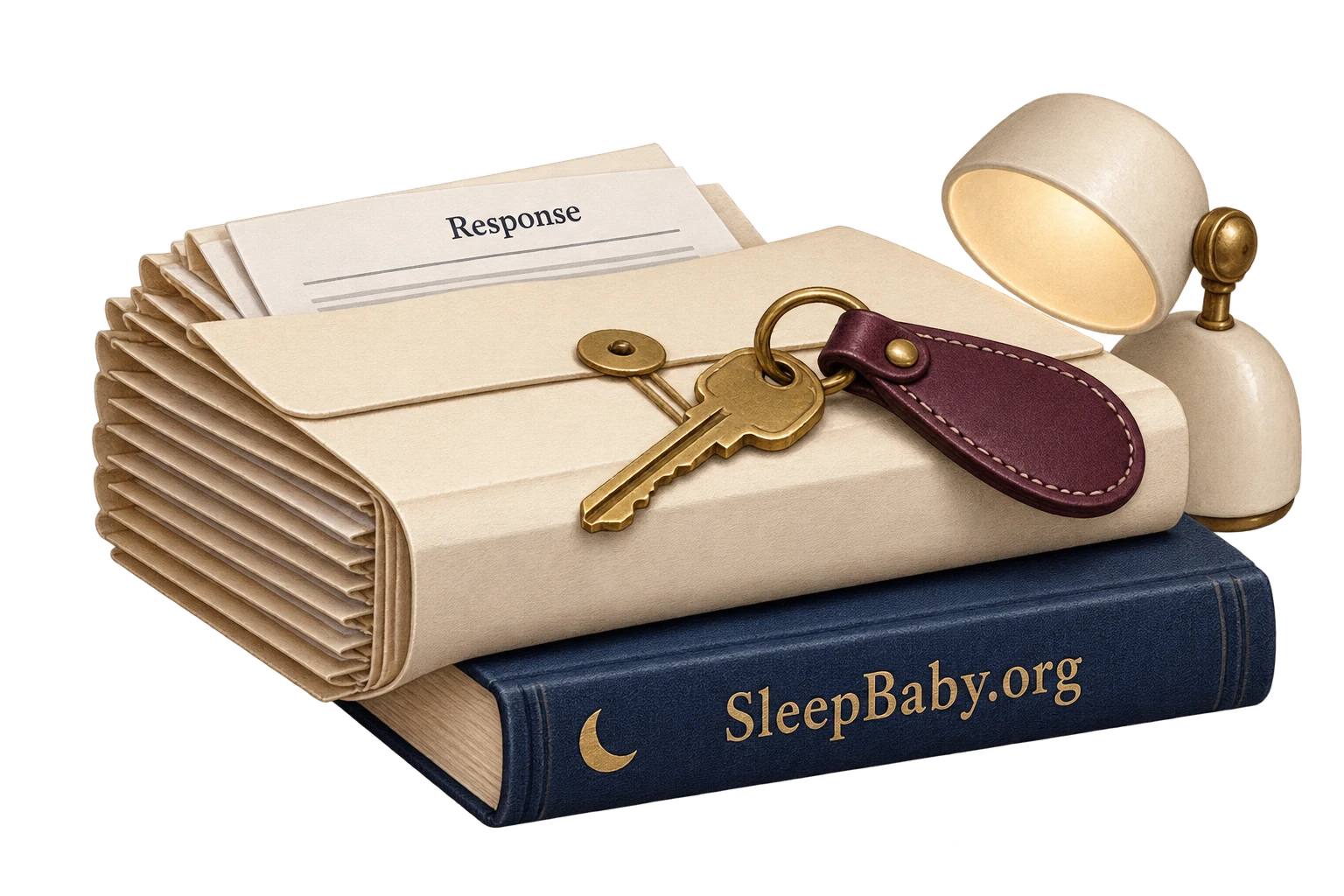 A home key beside a filed court response and a closed bedtime book in a softly lit paper illustration.