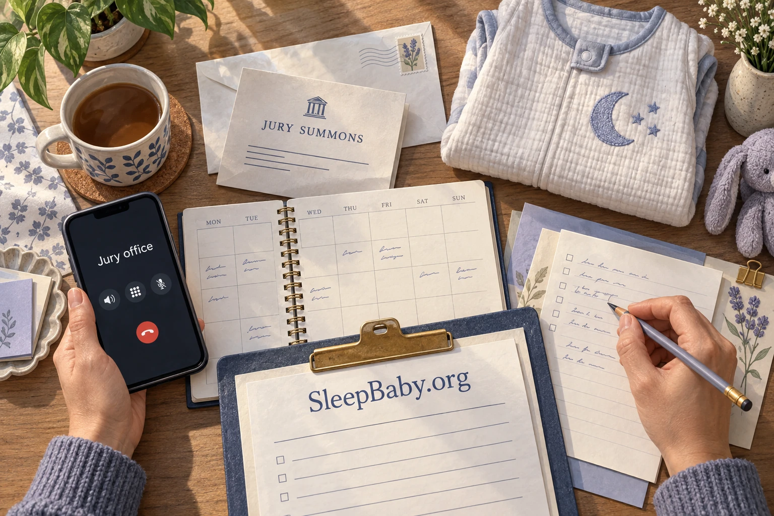 A parent calling the jury office and writing care notes beside a summons, calendar and folded sleep sack.