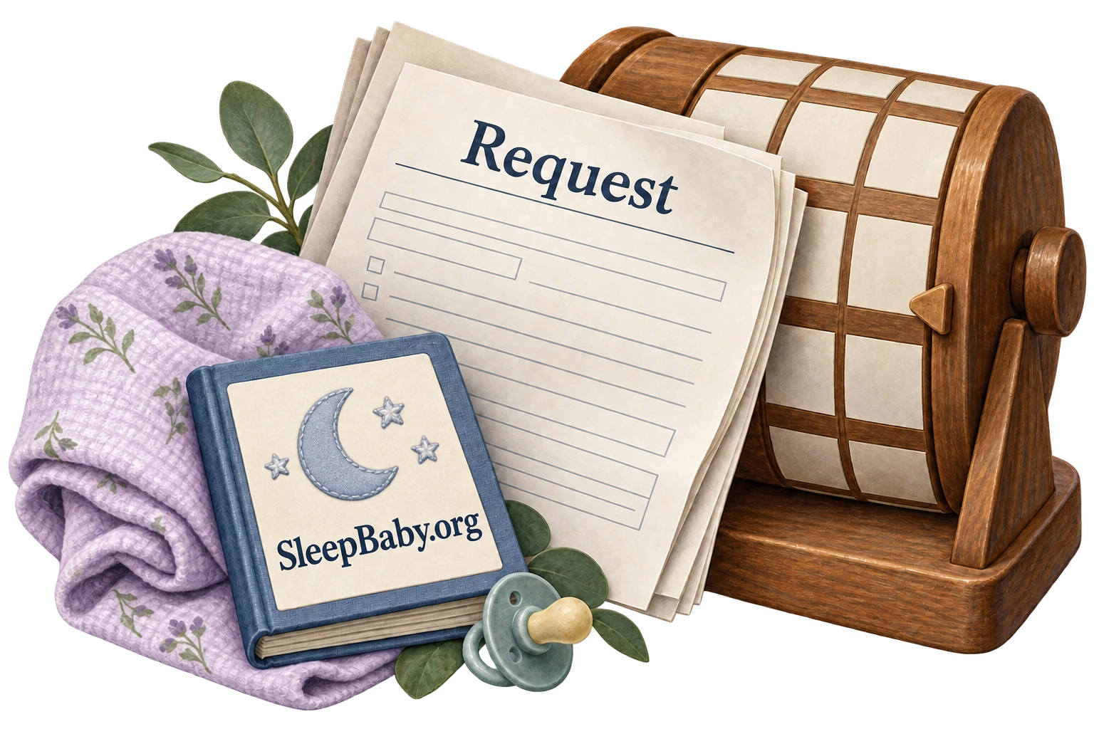 A folded request form, movable calendar wheel and nursing cloth arranged around a small sleep planning book.