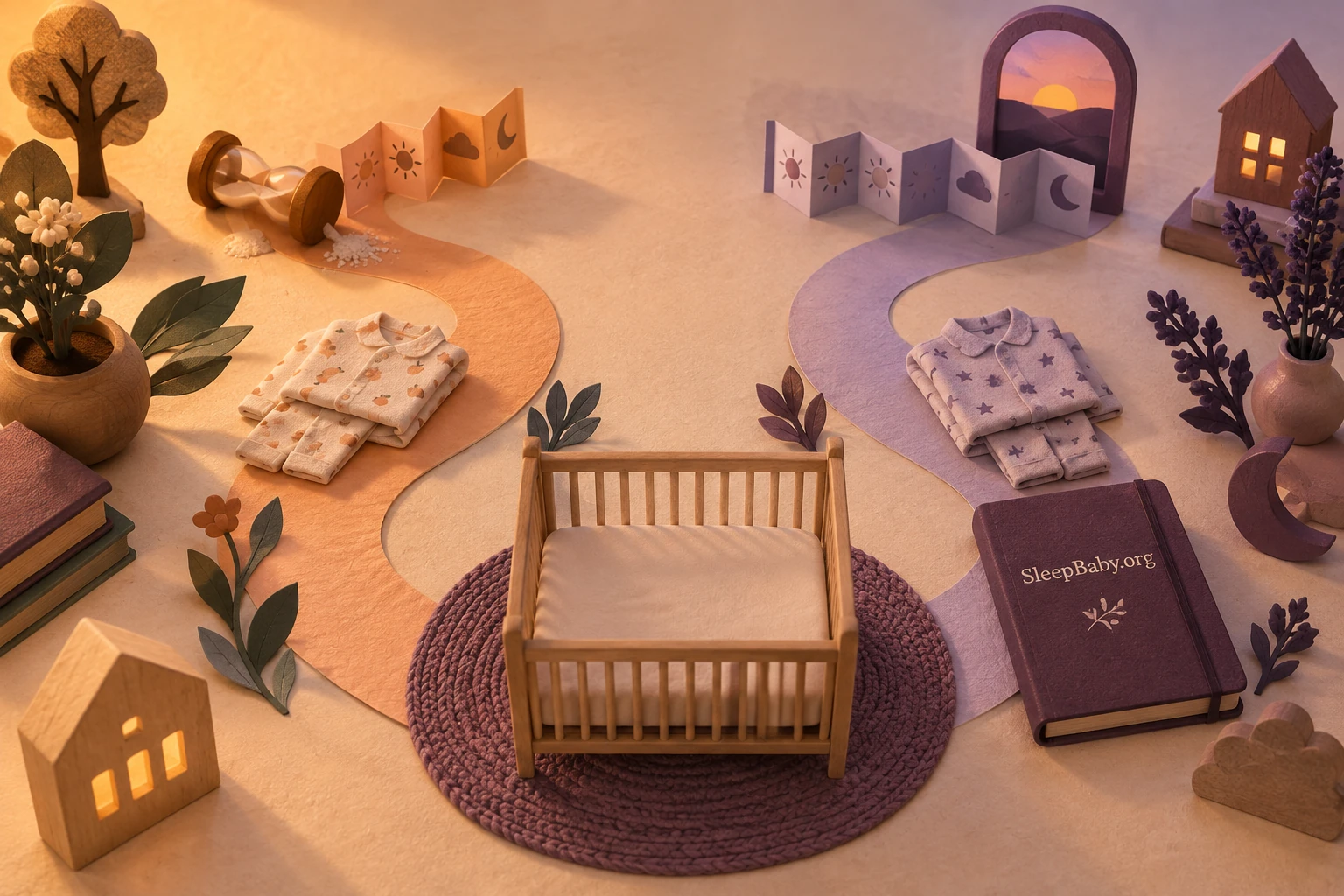 Miniature paper paths pass pajamas and evening objects toward an empty crib, with a SleepBaby.org notebook beside the lilac path.