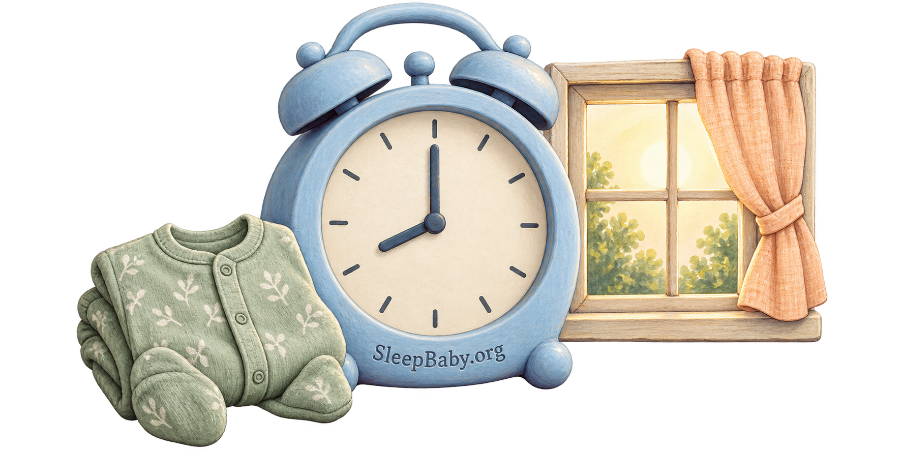 A blue morning clock, folded sage baby sleeper and small sunlit window form a transparent storybook arrangement.