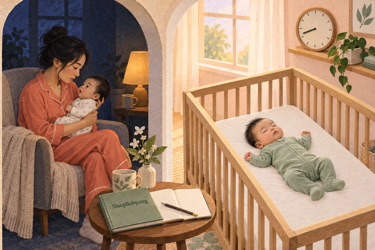 A two-scene illustration shows an awake baby with a parent at night and a baby asleep on their back in a bare crib in the morning.