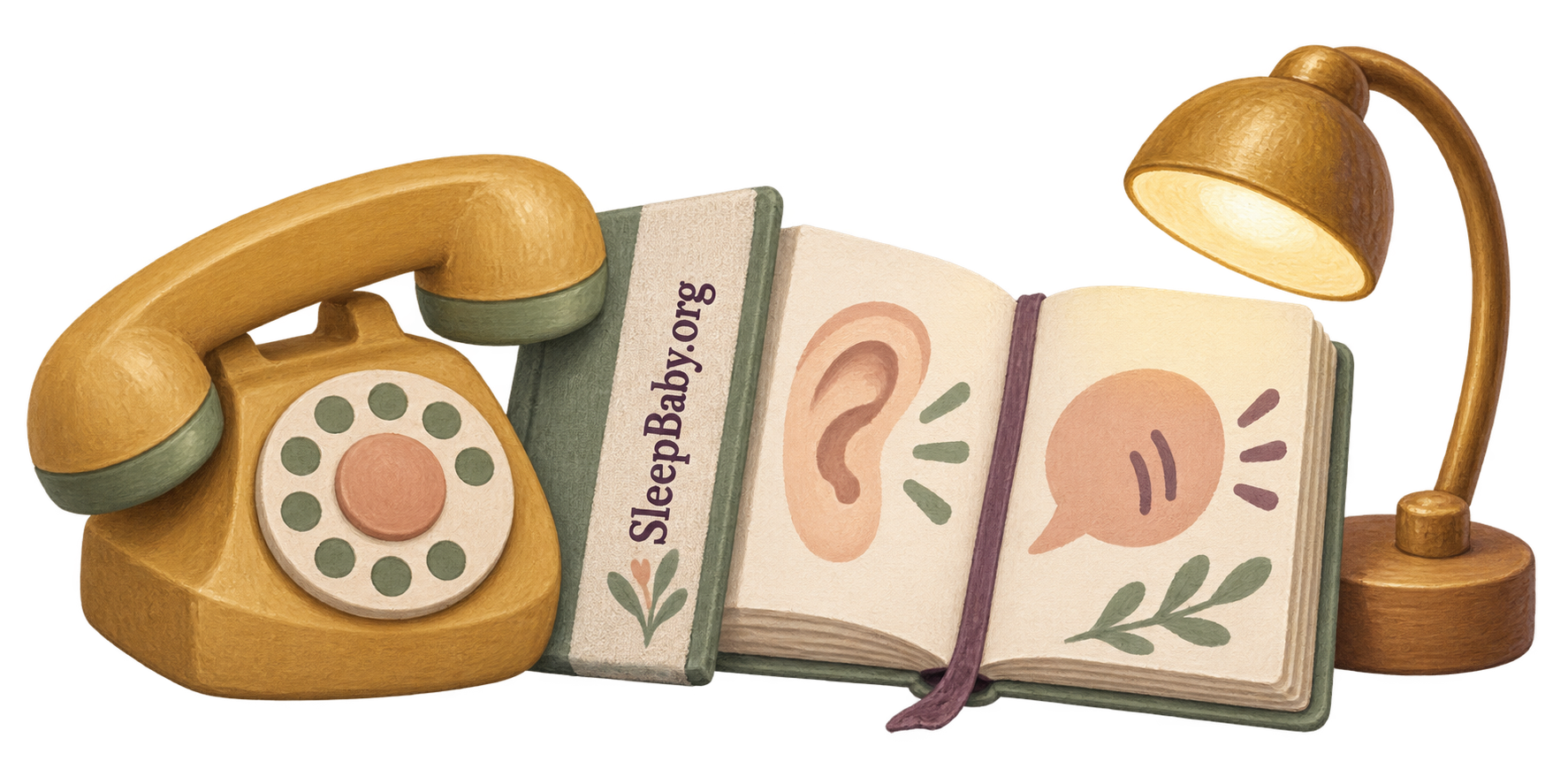 A toy telephone, an open caregiver notebook, and a small warm reading light form a listening-themed arrangement.