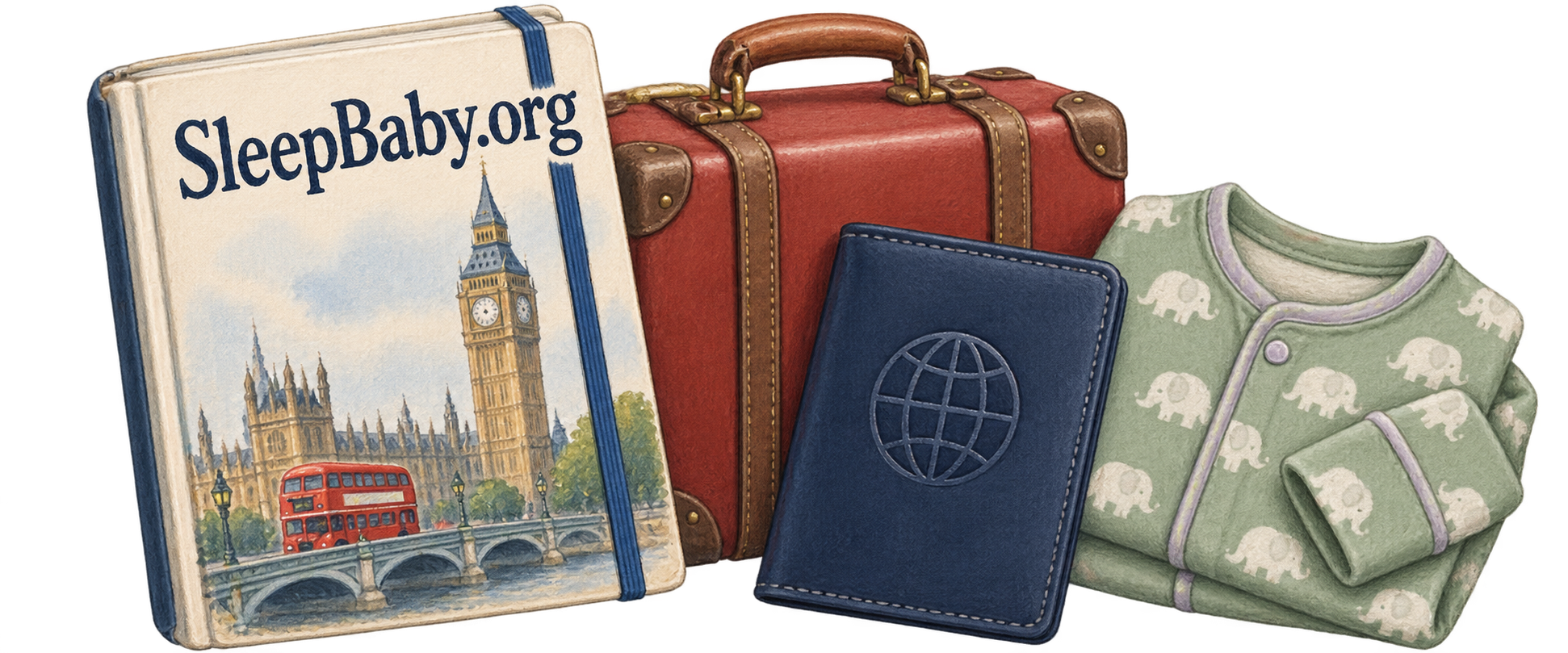 A London journal, travel case, passport wallet and folded baby pajamas.