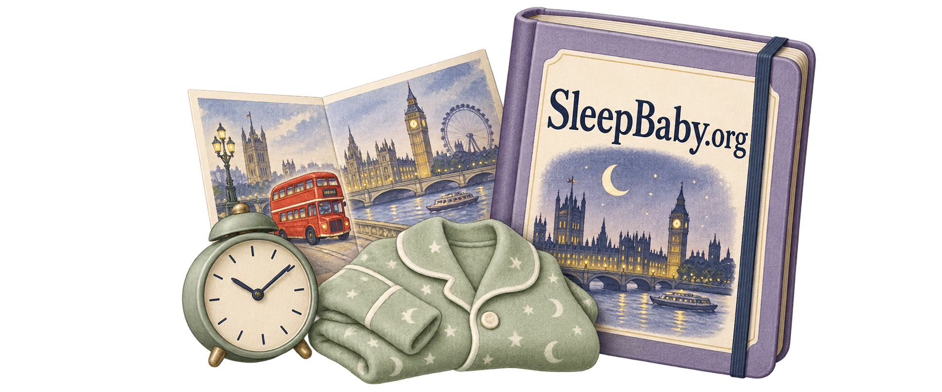 A London diary and illustrated map beside a travel clock and baby pajamas.