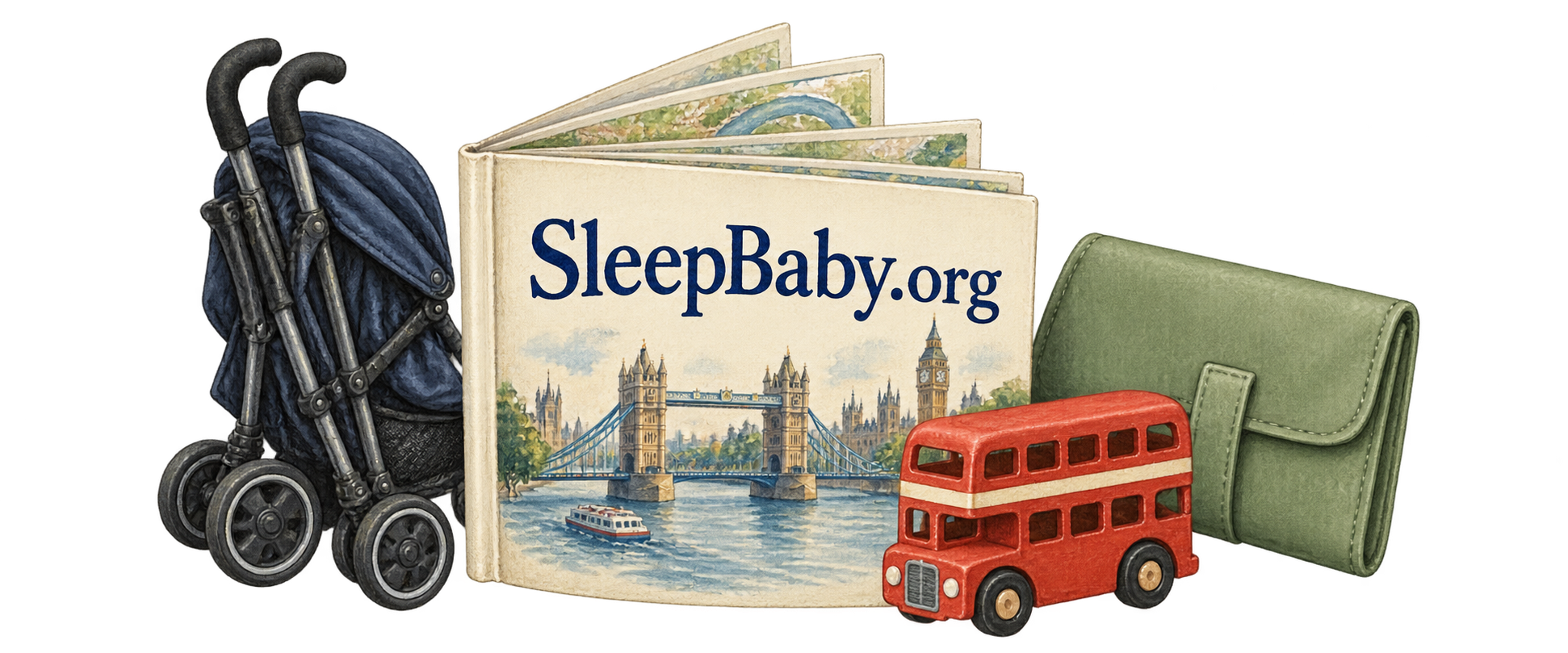 A London mapbook, folded buggy, red bus souvenir and changing wallet.