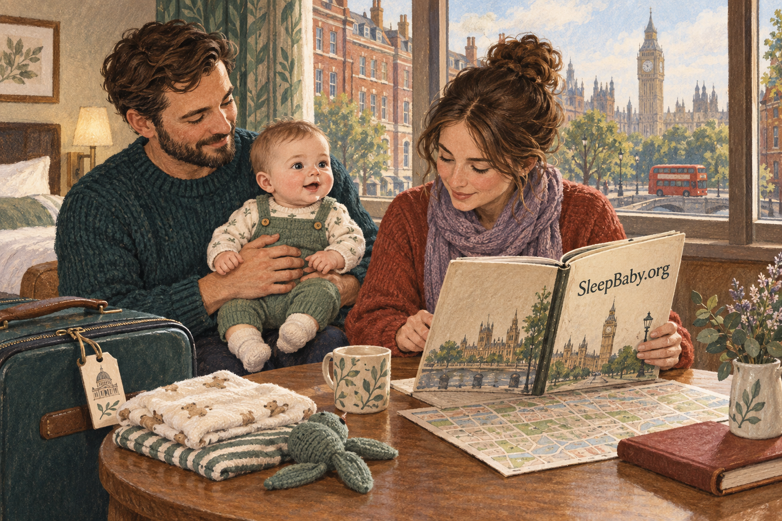 Parents plan a London outing while one holds their awake baby.
