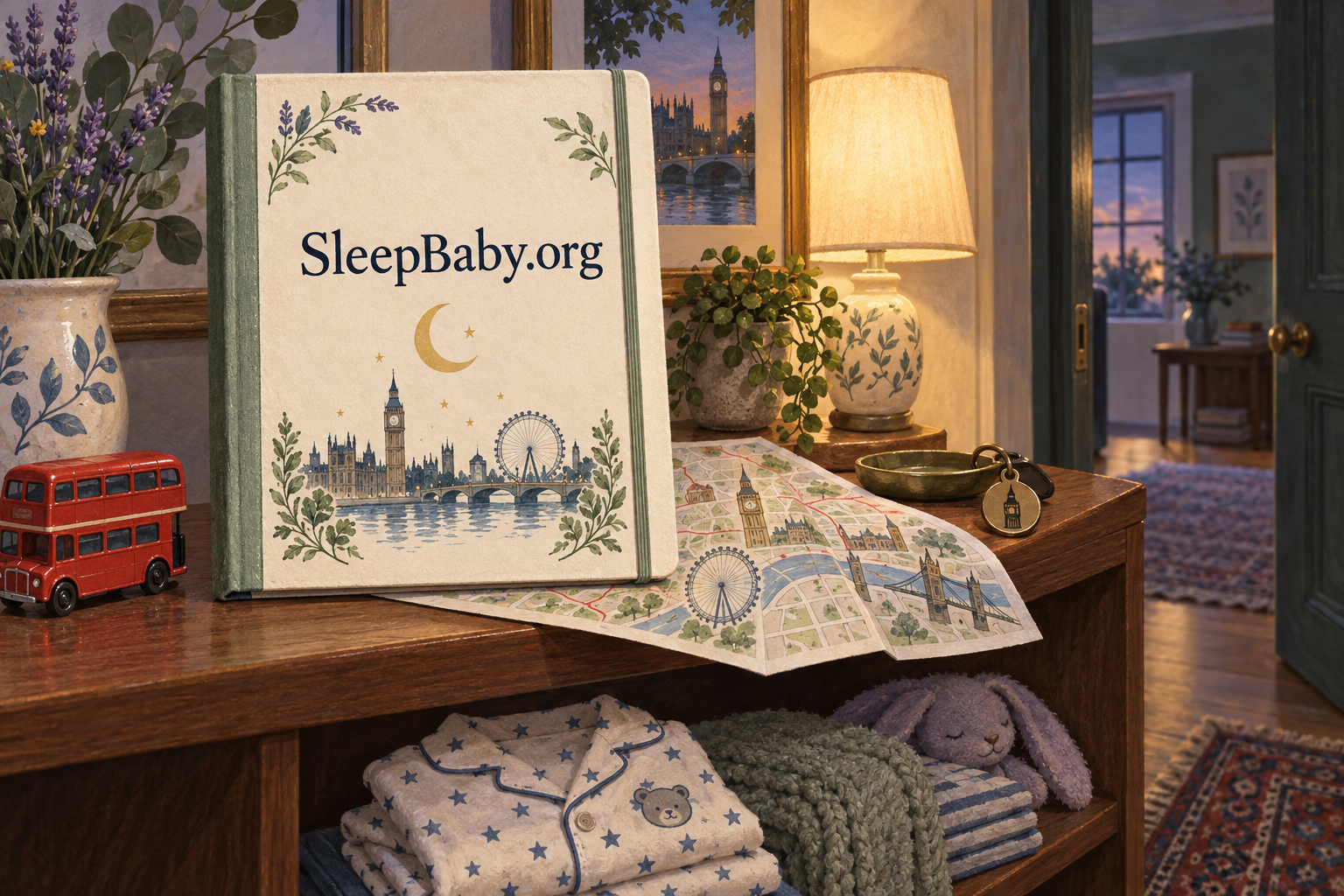 A London travel journal, folded map and baby pajamas on a quiet hotel shelf.