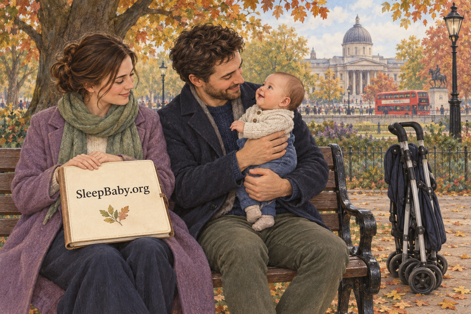Parents pause on a park bench with their awake baby and folded buggy.