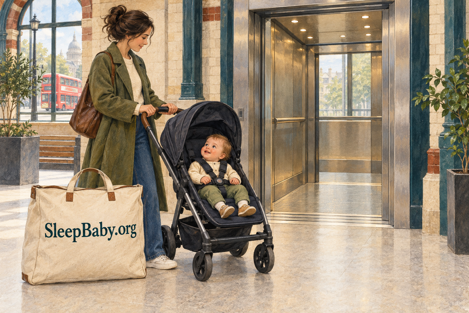 A parent waits beside an open lift with an awake baby secured in a buggy.