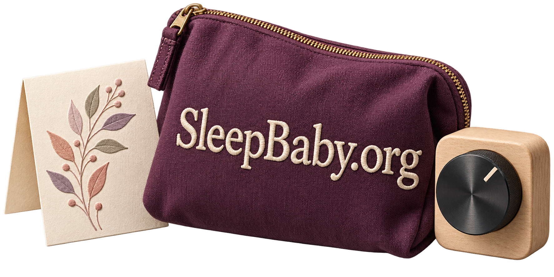 Illustrated invitation, baby-care pouch, and audio volume control.