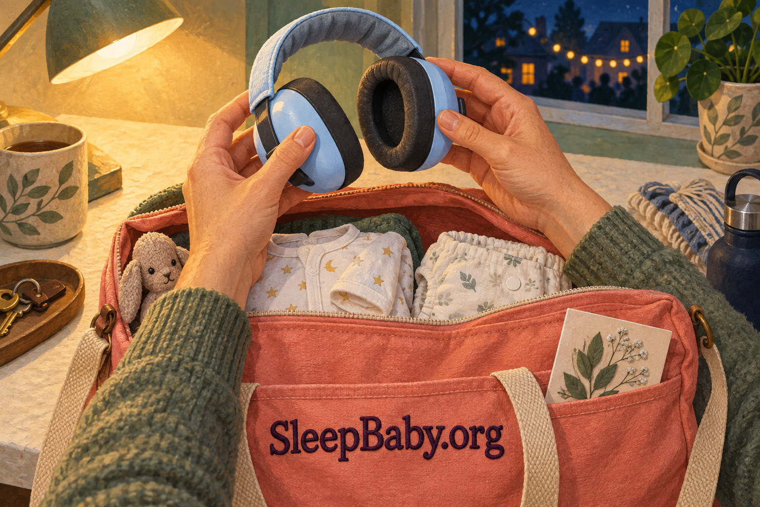 Hands inspect the padded cups of blue infant earmuffs beside an open outing bag.