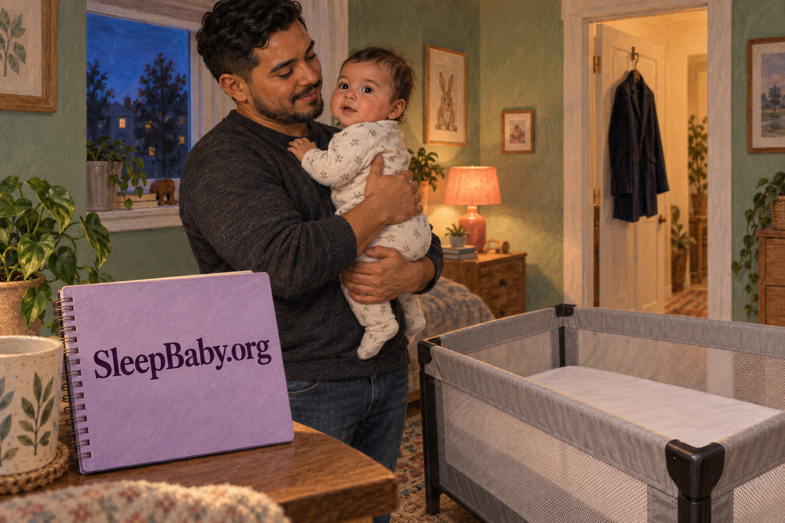 A father holds his awake baby at home beside a bare portable crib and a bedtime notebook.