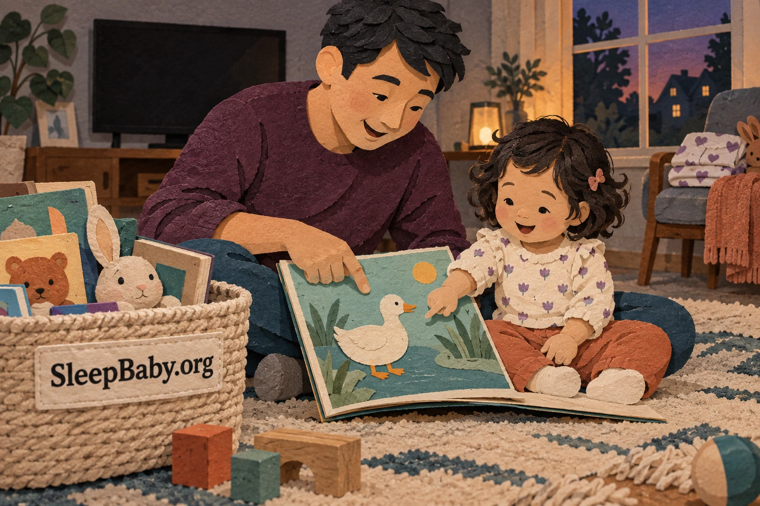 A paper-collage father and toddler share a duck picture book, with the child pointing during a quiet evening.