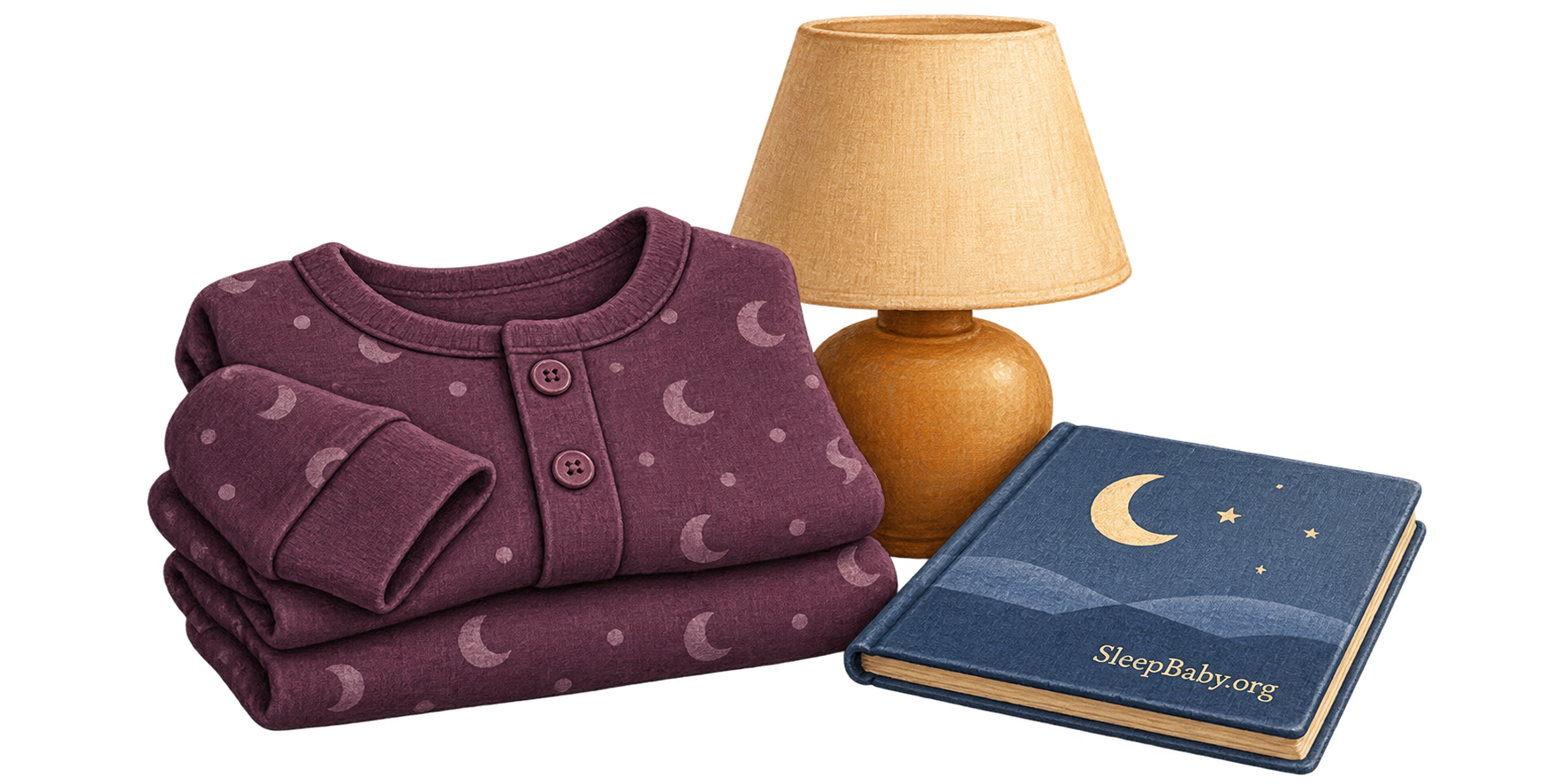 Folded plum baby pajamas, a small amber bedside lamp and a blue bedtime book form a transparent illustrated arrangement.