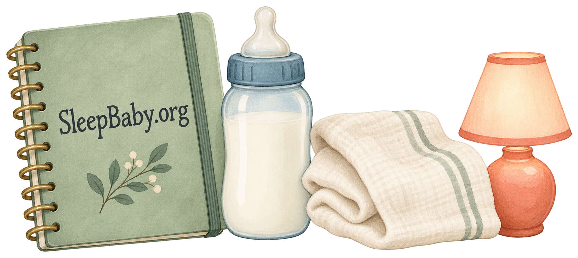 Watercolor feeding notebook, plain milk bottle, folded burp cloth and bedside lamp on a transparent background.