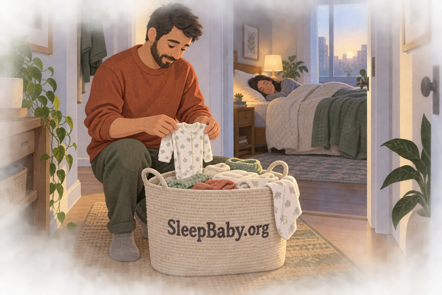 A father folds baby laundry in dawn light while a mother rests alone in a separate room.
