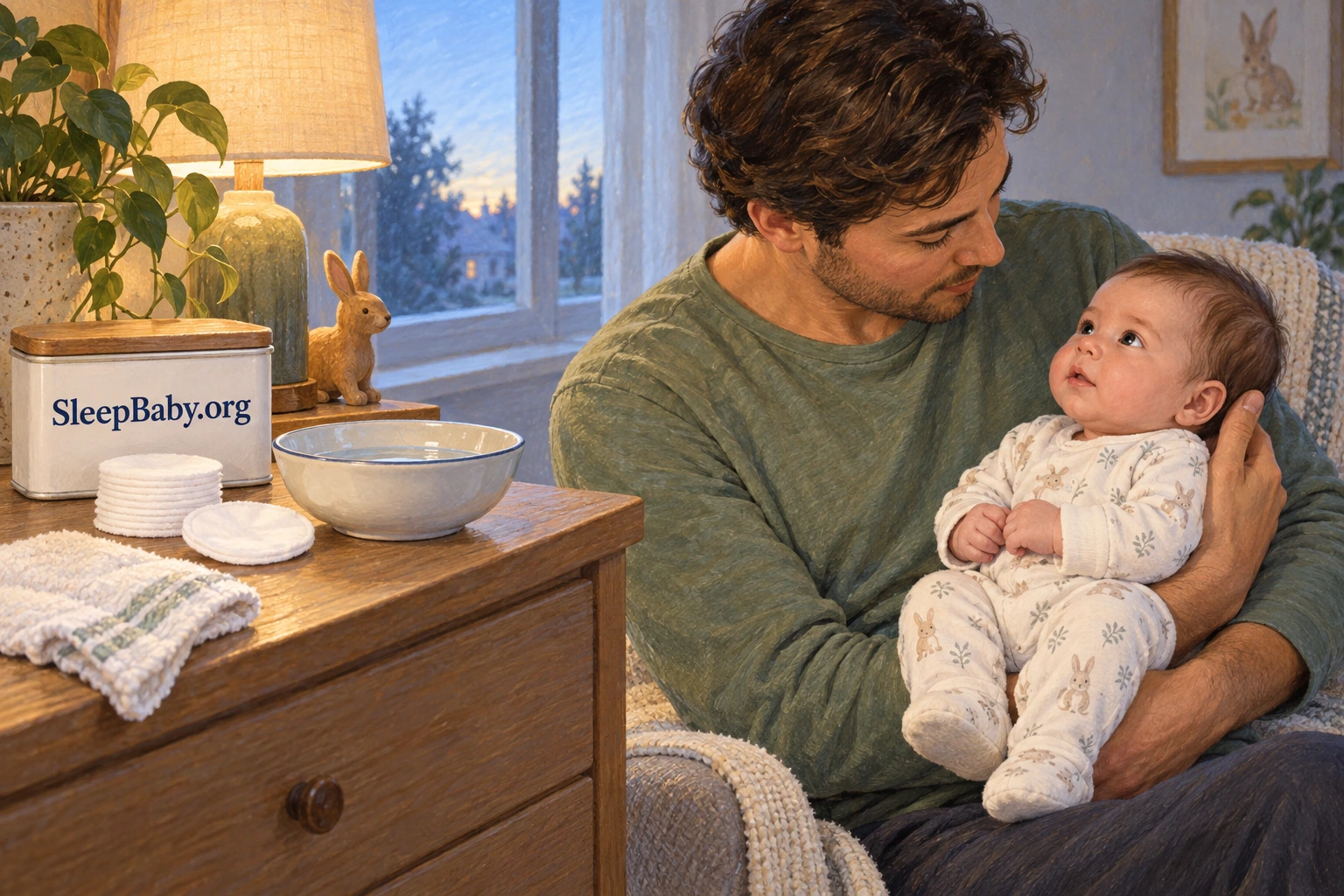 A father securely holds an awake baby beside plain water and fresh cotton pads in morning light.
