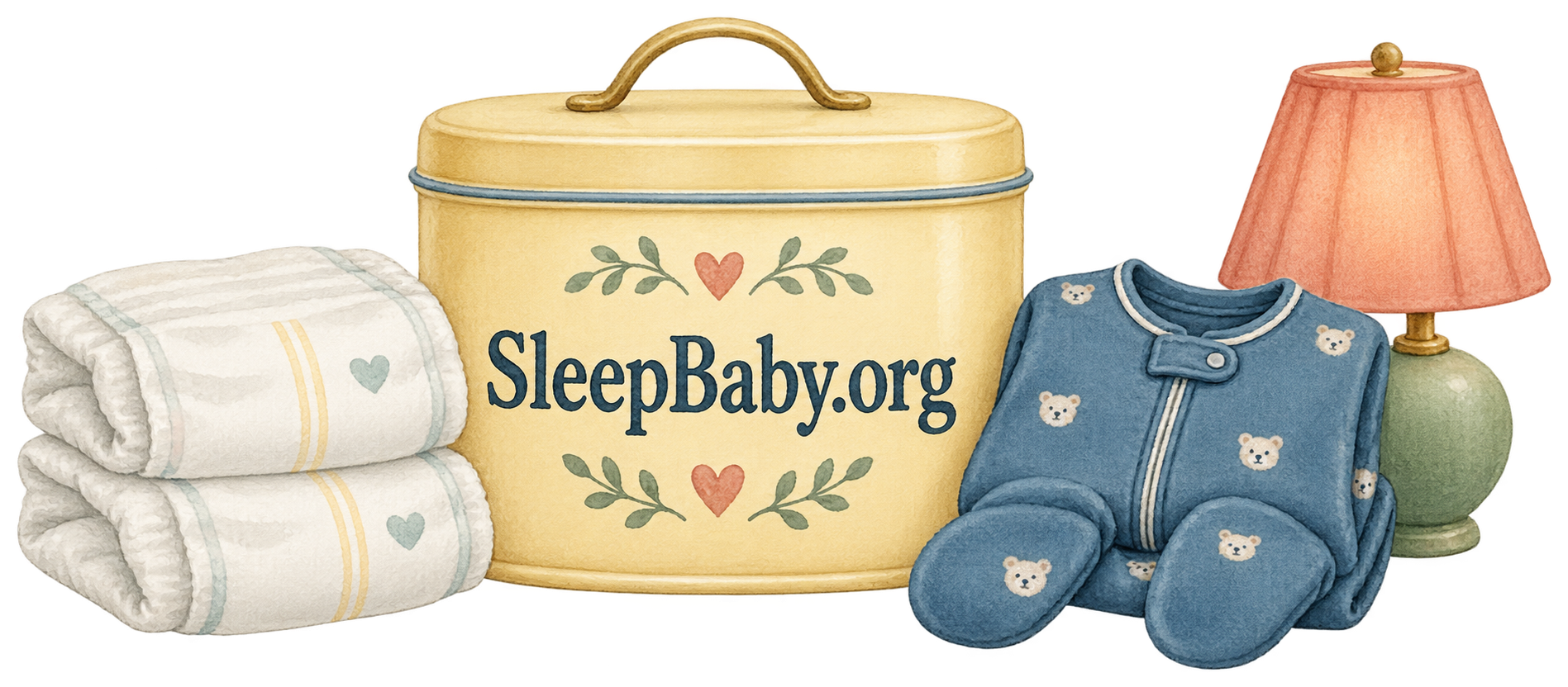 Watercolor folded diapers, a diaper tin, baby pajamas and a small bedside lamp on a transparent background.