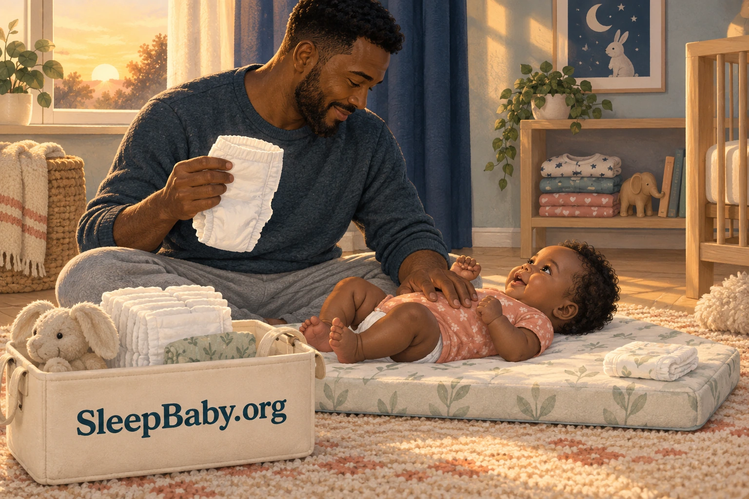 A father stays beside his awake baby on a floor-level changing mat while holding a clean diaper in morning light.