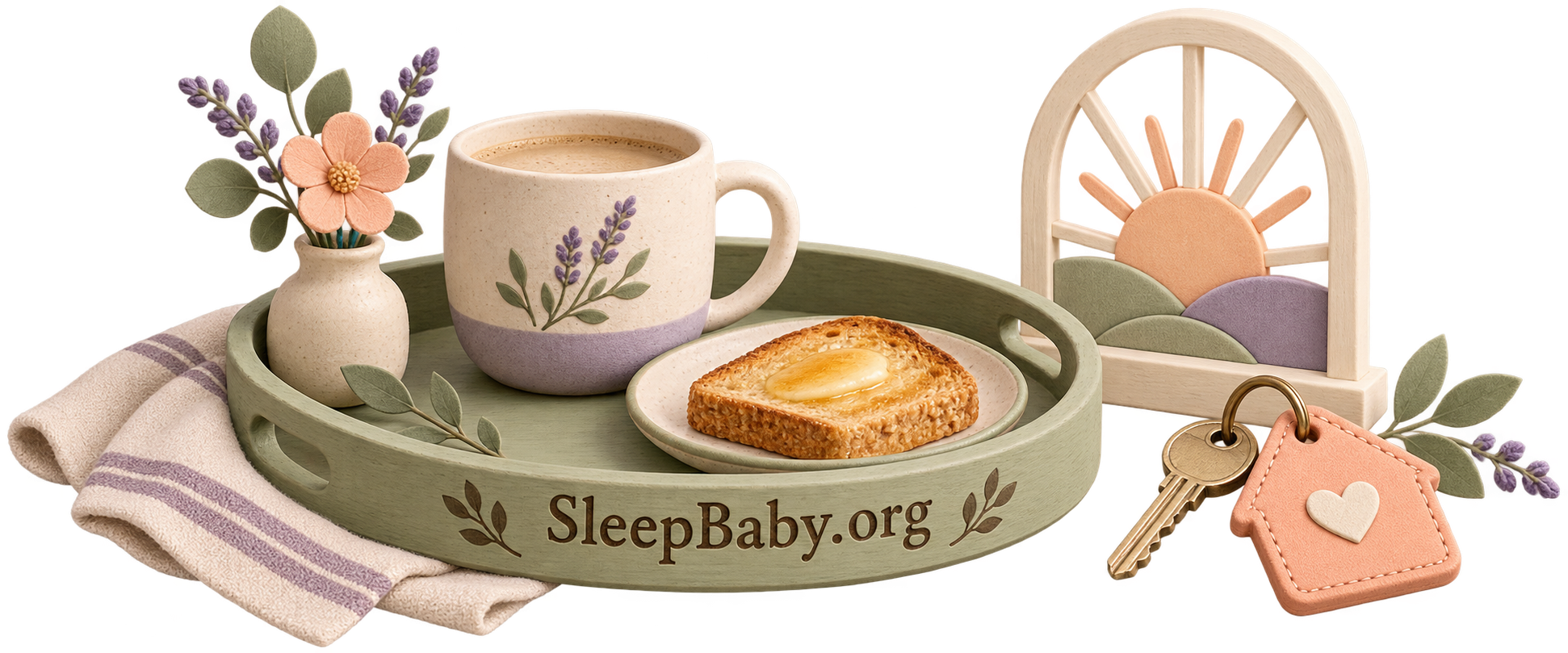 A breakfast tray, house key and sunrise ornament form a transparent storybook divider.