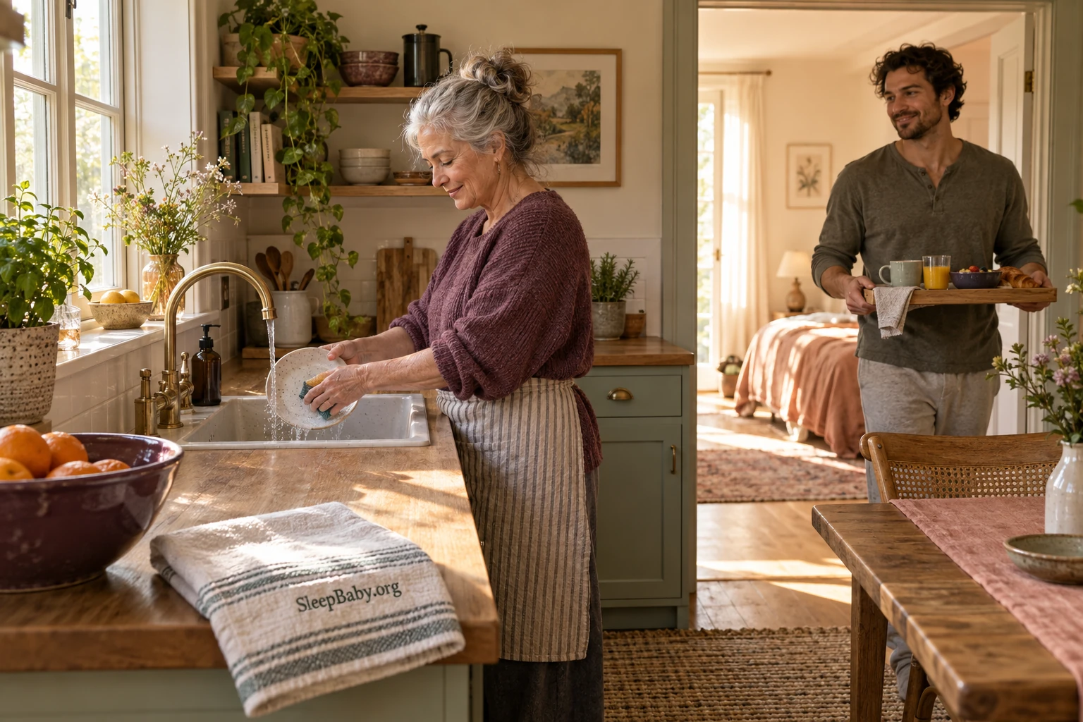 A relative washes dishes in a bright kitchen while another adult carries a breakfast tray toward the doorway.