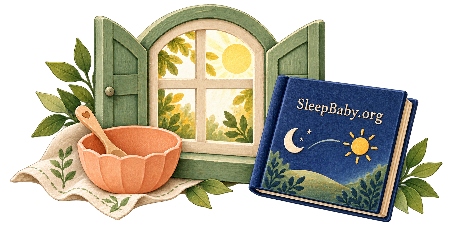 An open sage morning window, empty peach bowl with spoon and blue bedtime book form a transparent storybook arrangement.