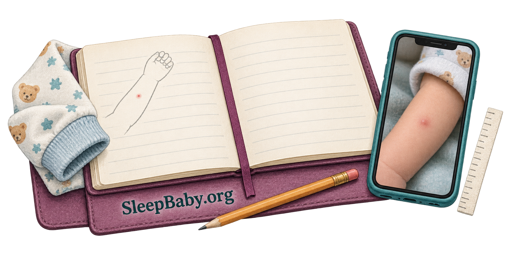 An open observation notebook, phone showing a forearm bump and measuring strip beside a pajama cuff.